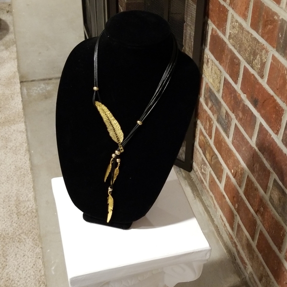 Black Leather Insipired Gold Pendant Necklace - Picture 7 of 7